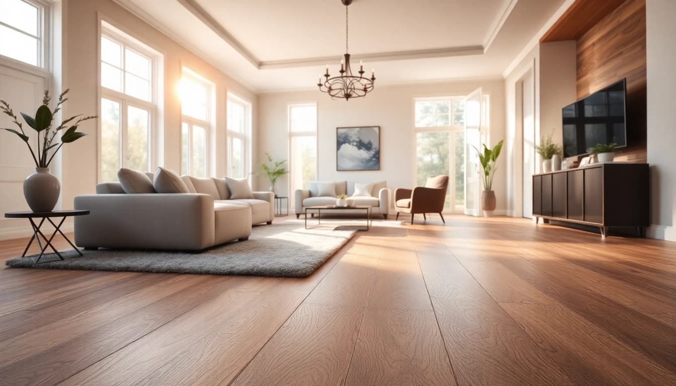Showcasing vinyl plank flooring in a stylish living room with natural light and elegant decor.