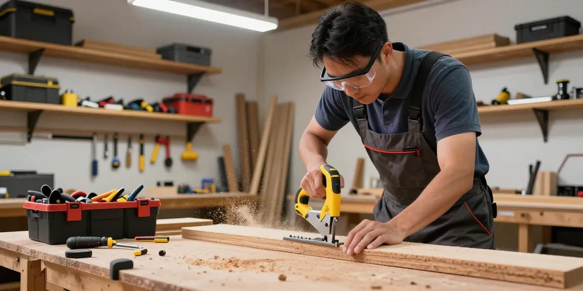 Dewalt alligator saw in action, cutting wood in a bright workshop.