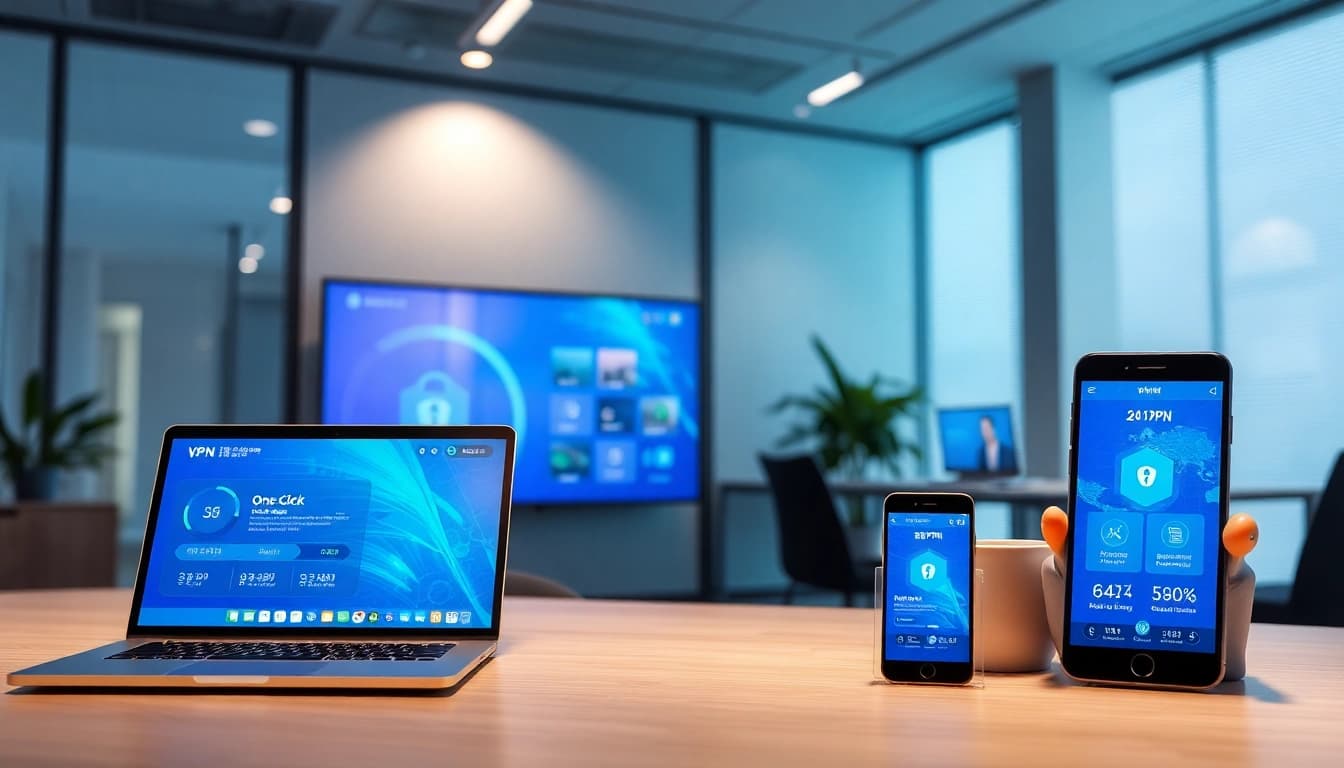 在现代科技办公室中展示多设备使用 VPN 应用的快连官网。