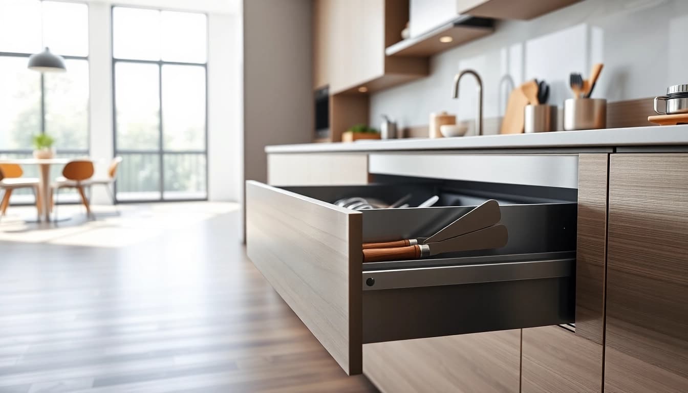 Efficient organization with a metal drawer system enabling easy access to kitchen tools and utensils.