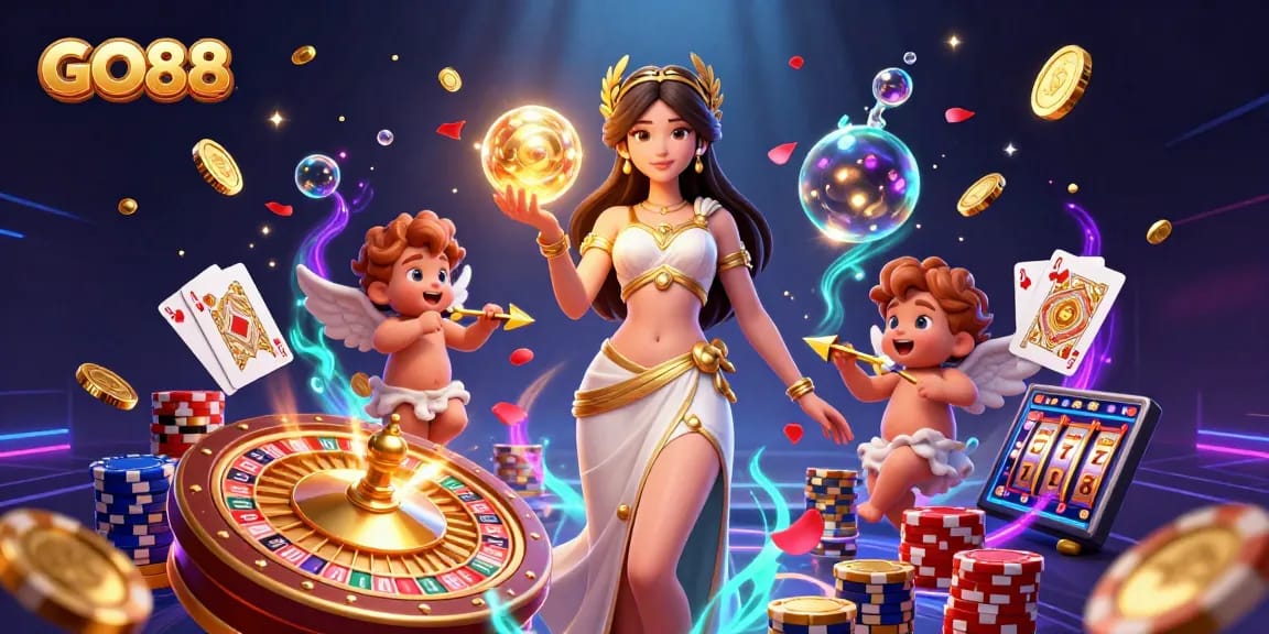 Experience GO88's gaming world with a 3D goddess flanked by Cupid cherubs and casino elements.
