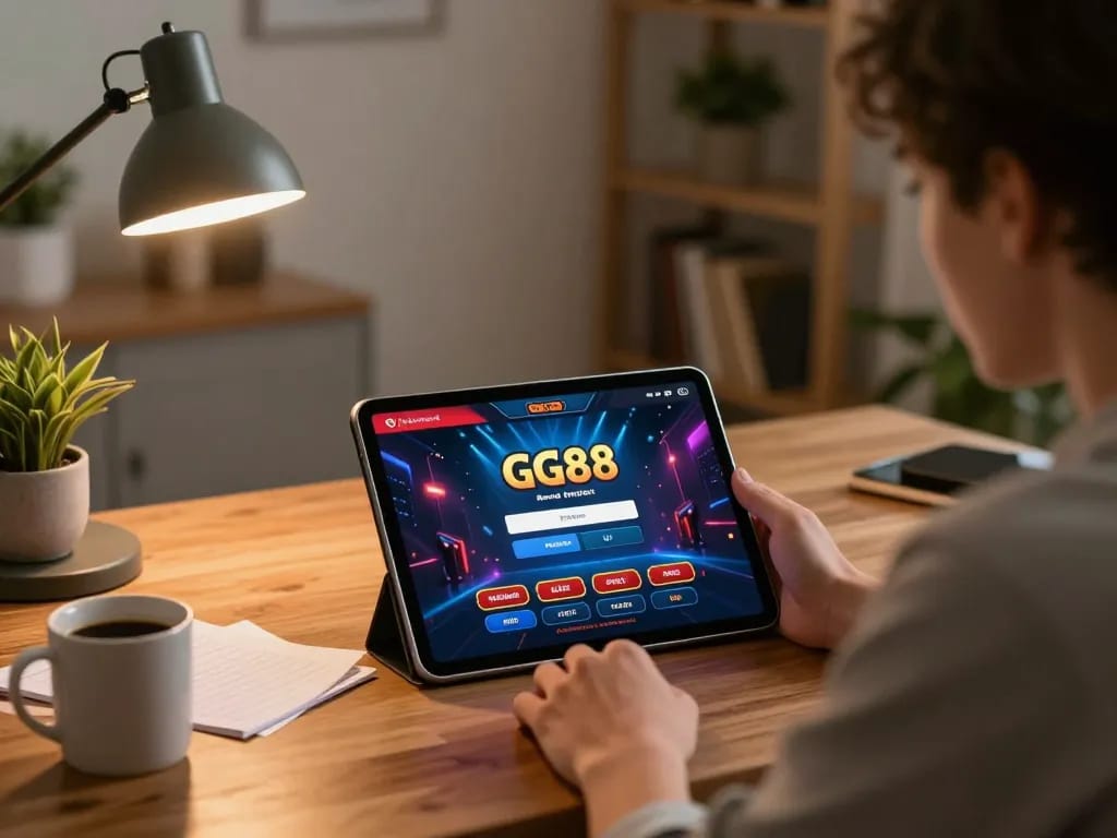 GG88 đăng nhập on a tablet screen, showcasing online casino gaming setup in a cozy home environment.