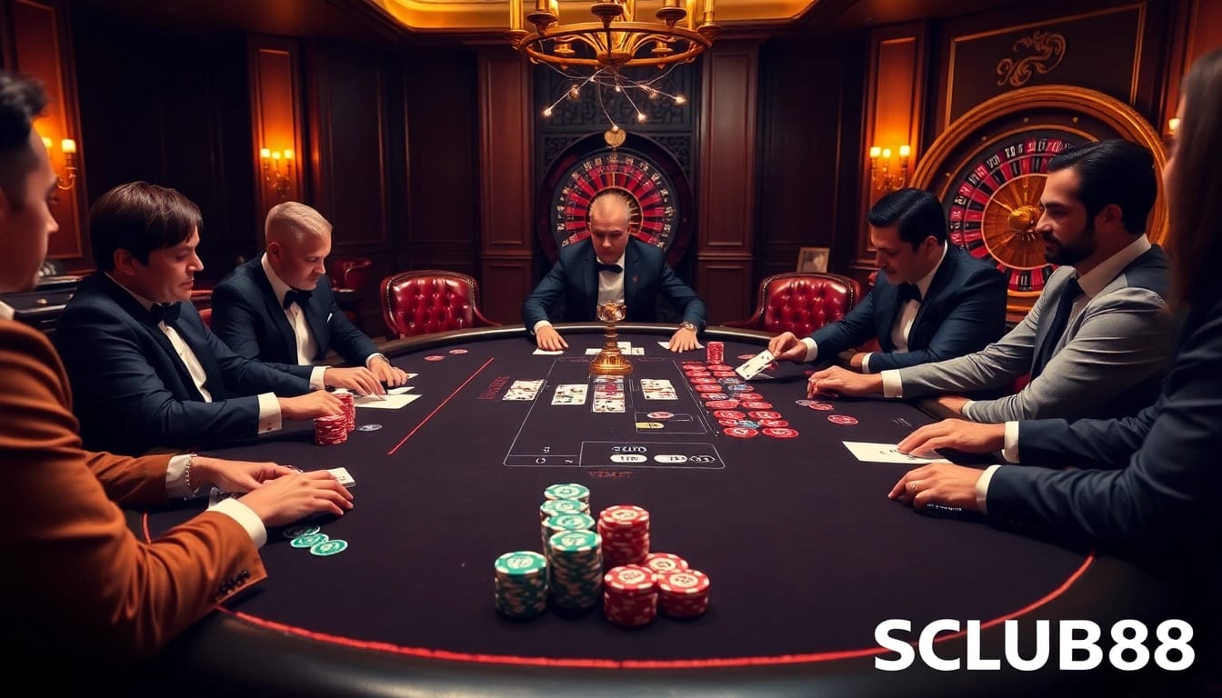 SCLUB88 players enjoying an exciting poker game at a luxurious casino table.