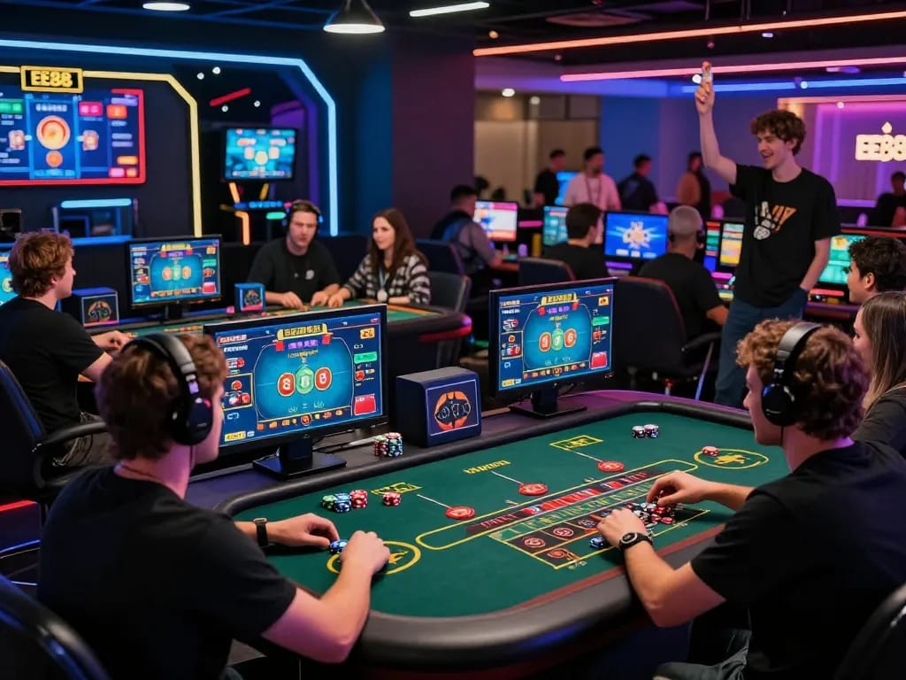 Players enjoying a thrilling EE88 gaming experience with vibrant atmosphere and live casino action.