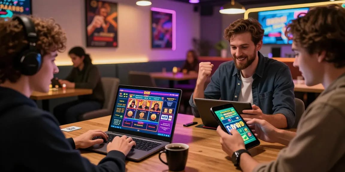 Players enjoying credit card casinos at https://chps.org.uk with laptops and tablets, showcasing a vibrant gaming atmosphere.