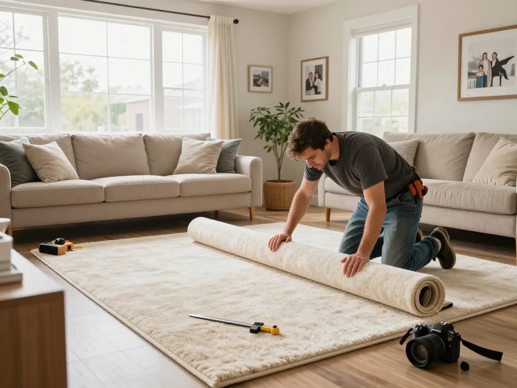 Home carpet fitting services in action with a professional installer transforming a living room.