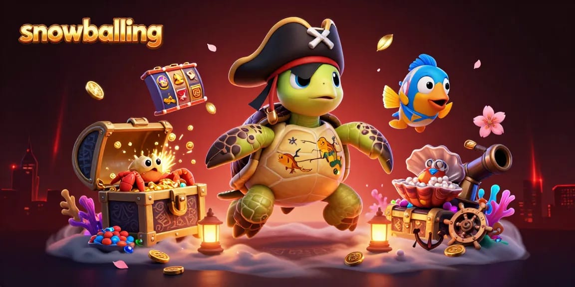 Snowballing game scene featuring vibrant underwater casino elements with treasure, cards, and dynamic characters.