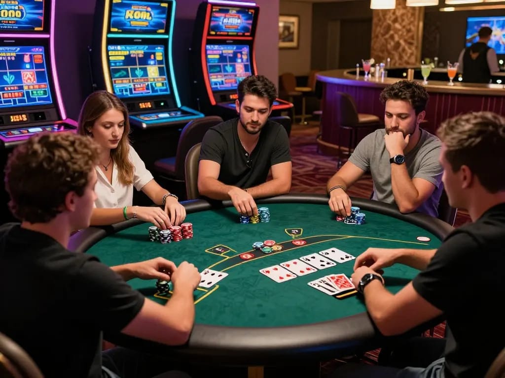 Engaging poker game at https://gem88.com.mx/ with friends in a vibrant casino setting.