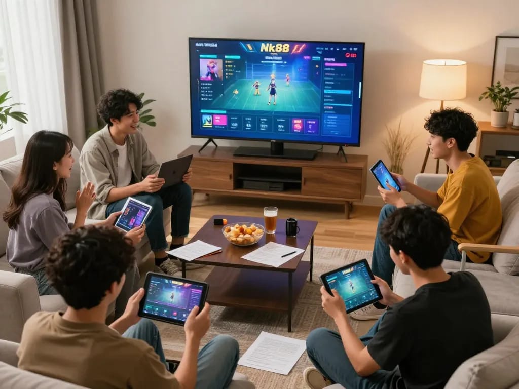 Navigating the Nk88 nhà cái gaming interface with friends during an engaging online session.