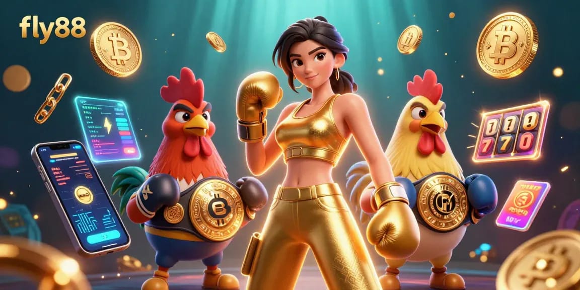 A captivating illustration showcasing fly88 with a dynamic 3D woman and rooster in a high-energy casino scene filled with vibrant gambling elements.