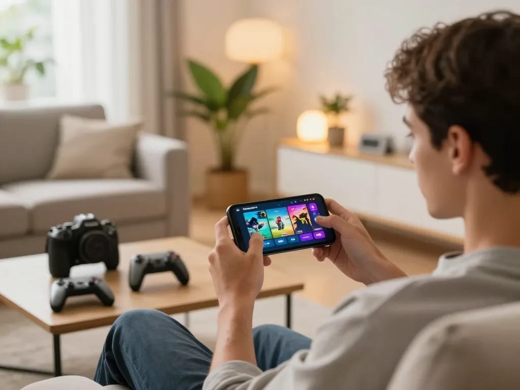 Exciting scene showcasing a young man enjoying tải sunwin app on his smartphone in a cozy living room.
