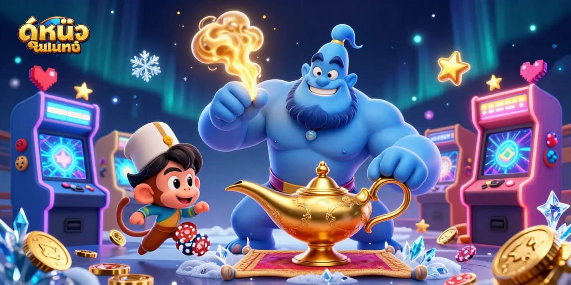 Experience ดูหนังออนไลน์ in a vibrant casino-themed digital illustration with colorful game elements.