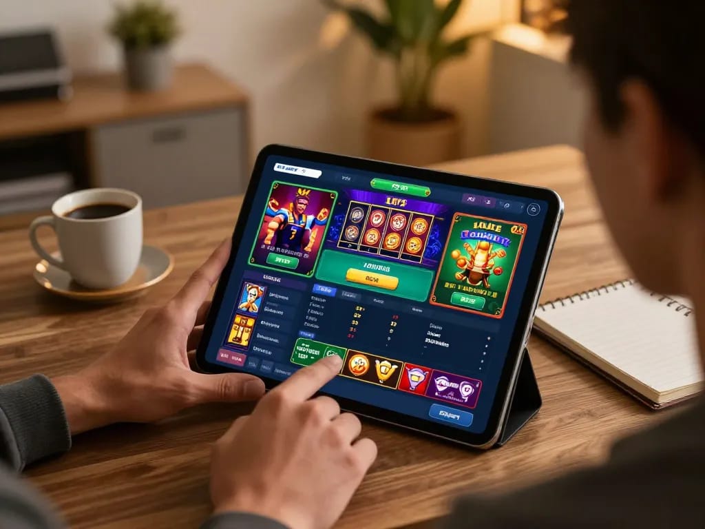 8XBET gaming experience with person engaged on a tablet, dynamic game interface