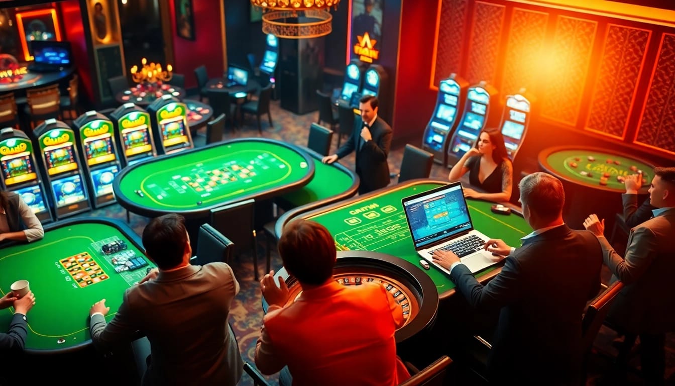 Players celebrating wins at a luxurious casino table while engaging with 58win1's online gambling platform.