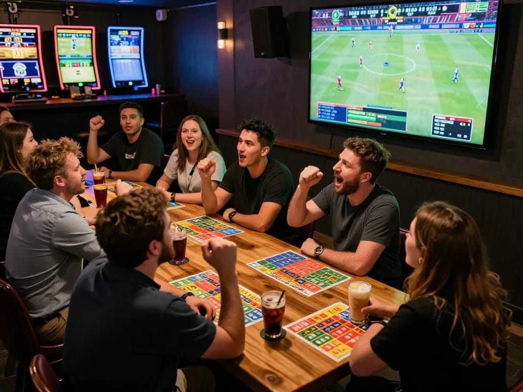 Patrons celebrate wins while betting on sports at FUN79, showcasing vibrant gaming atmosphere
