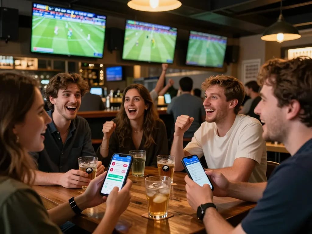 Friends engaged in sports betting using 1gom app while enjoying a live match together at a bar