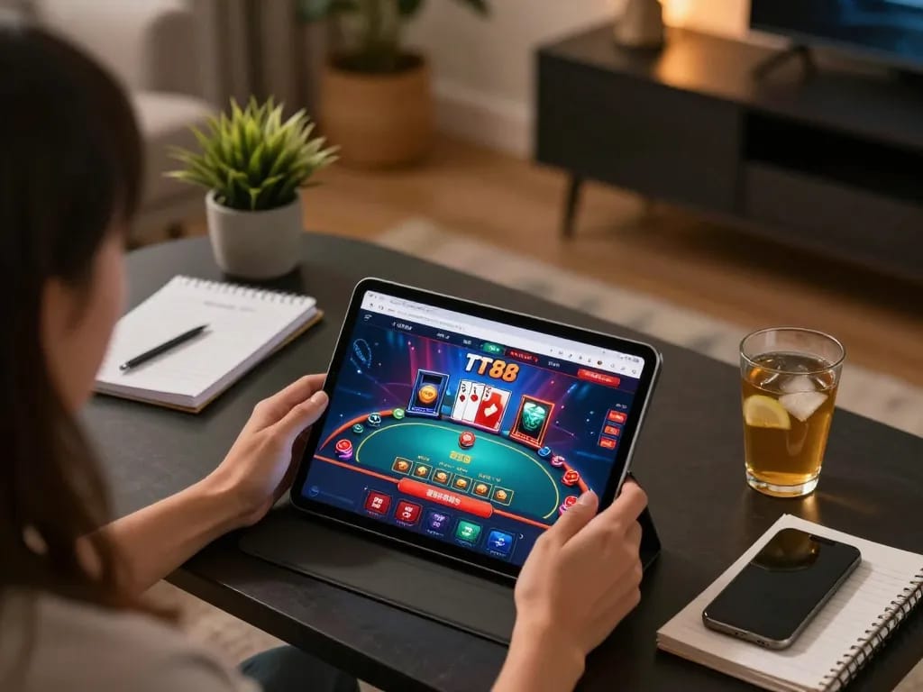Engaging gaming moment on the TT88 homepage with a player placing strategic bets on a tablet