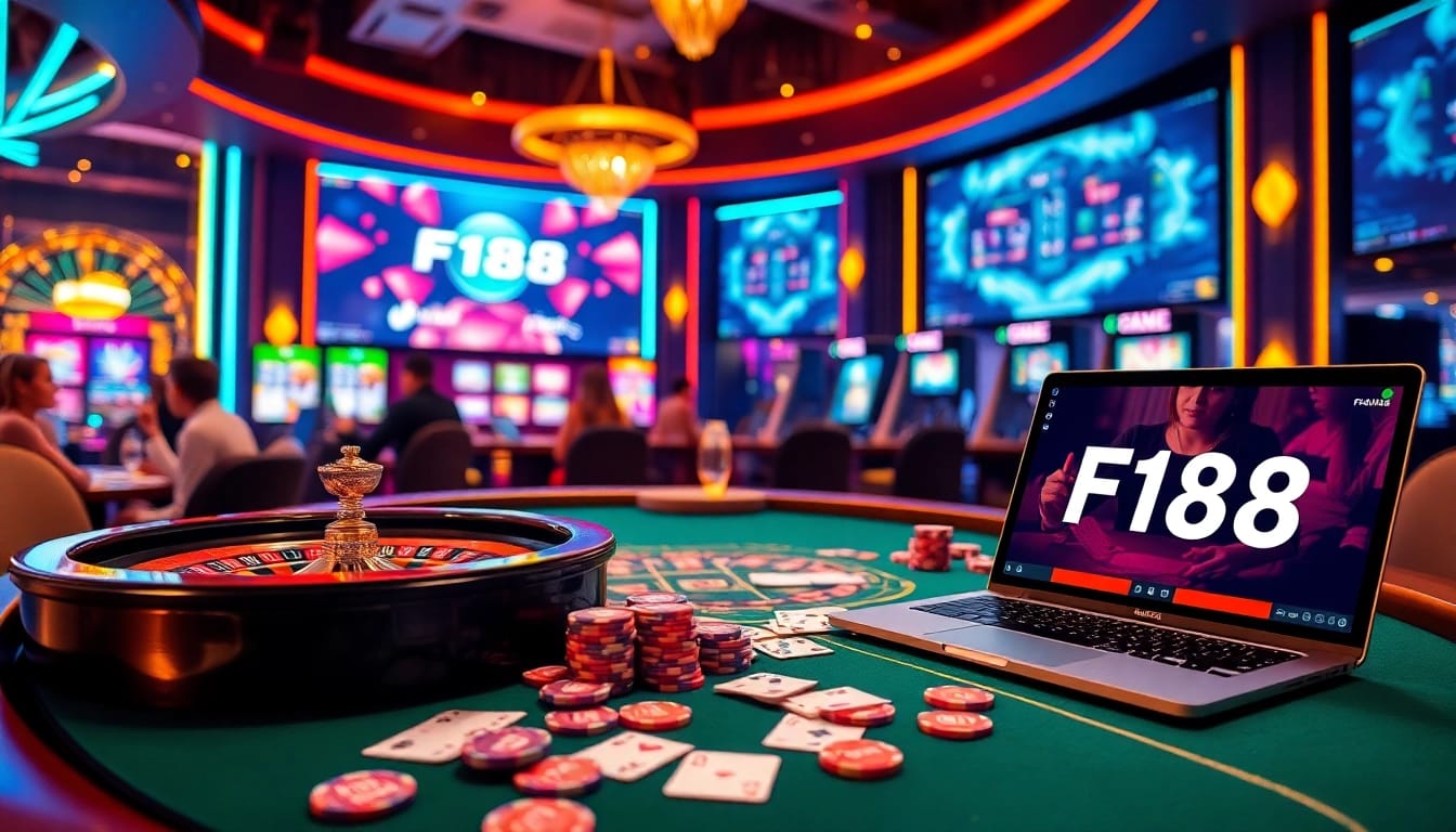 F168 players strategizing at an exciting casino table with poker chips and cards in a vibrant scene.
