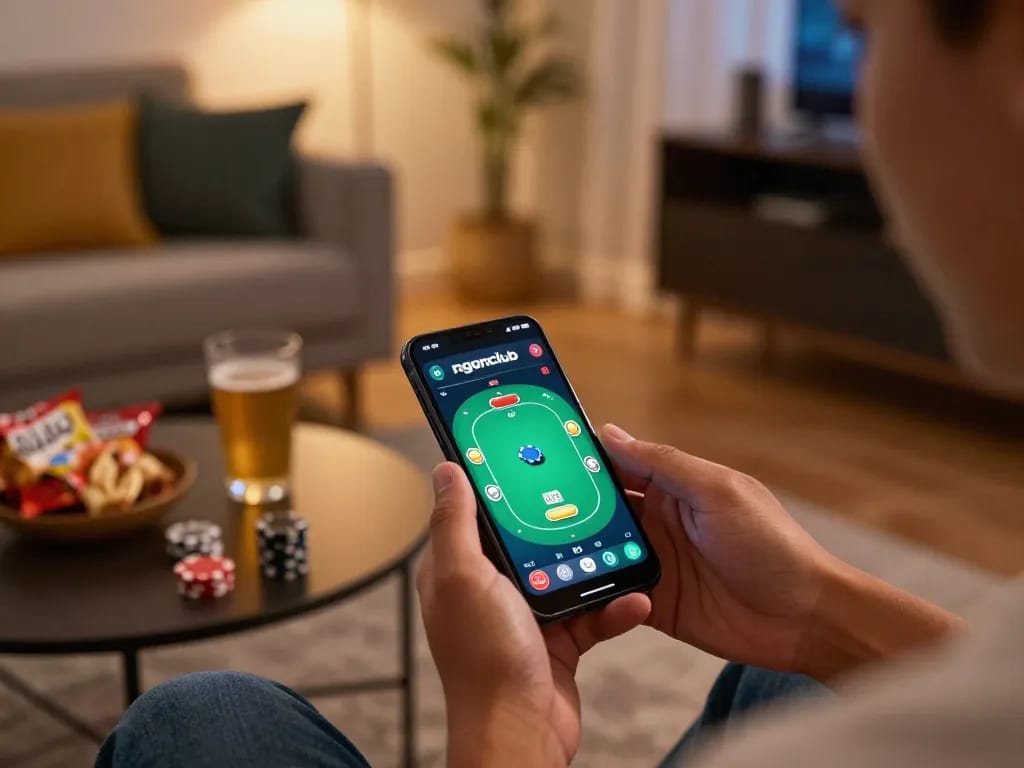 Ngonclub player engaging in exciting poker gameplay on mobile device in cozy home