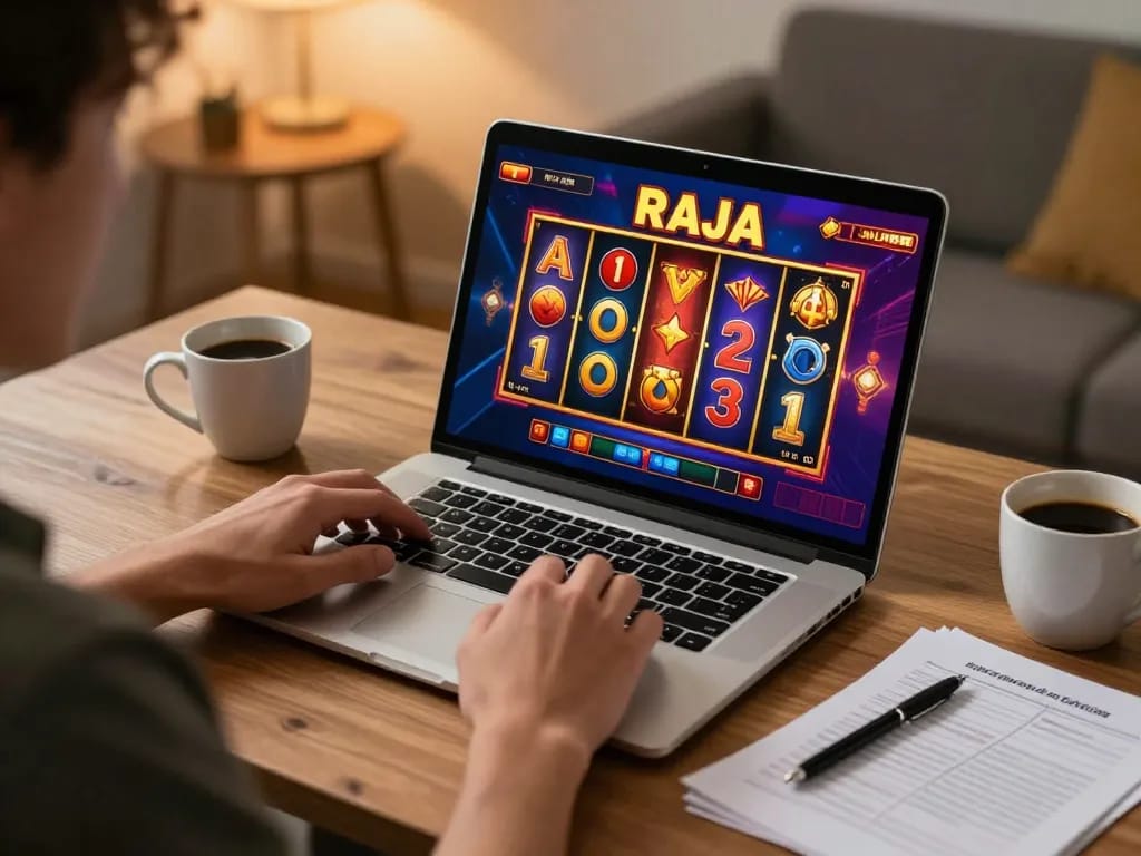 Player enjoying raja slot games online at home, illuminated by warm lighting with strategy notes nearby.