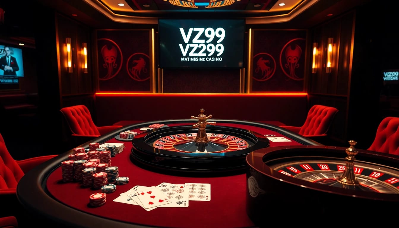 Engage in thrilling gambling at Vz99's luxurious casino tables filled with vibrant poker chips.