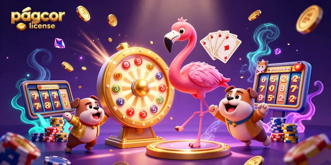 Spin the pagcor license prize wheel with vibrant animated casino elements and cheerful characters.