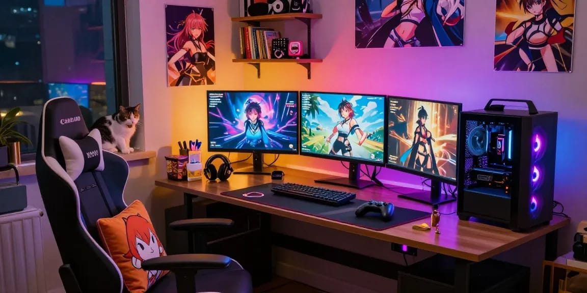 Engaging gamer playing online hentai games in a vibrant bedroom with colorful lighting.