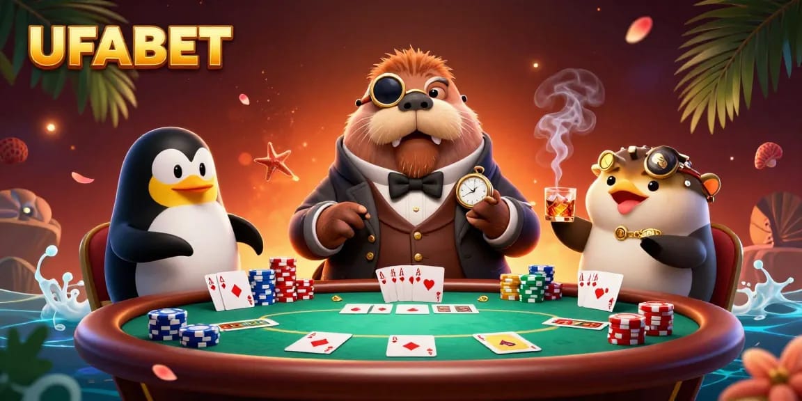 Experience exciting poker action with UFABET in a vibrant underwater setting featuring a walrus and dealer.