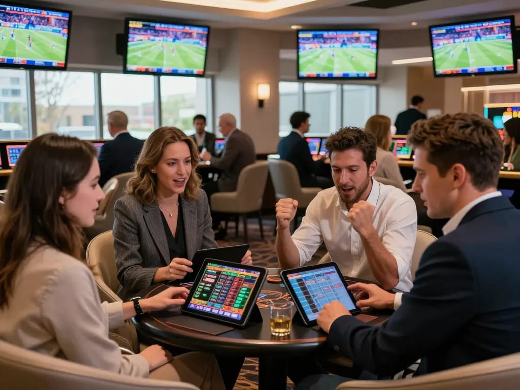 Patrons engage in sports betting at S666 with lively screens displaying live events