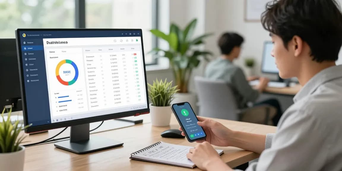 Data analyst using a number checker tool on a large monitor, showcasing spam call statistics and risk scores in a modern office.