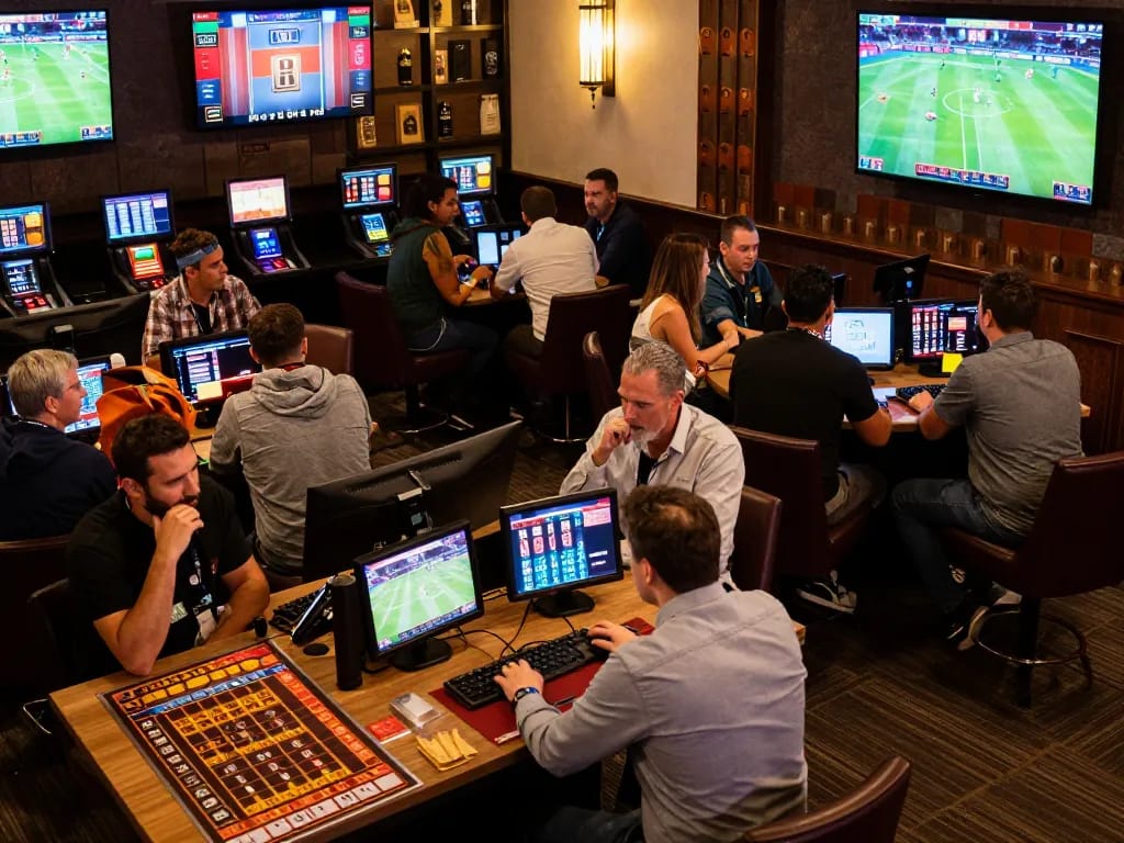 Exciting sports betting environment with diverse groups engaging in de bet, focusing on live game screens.