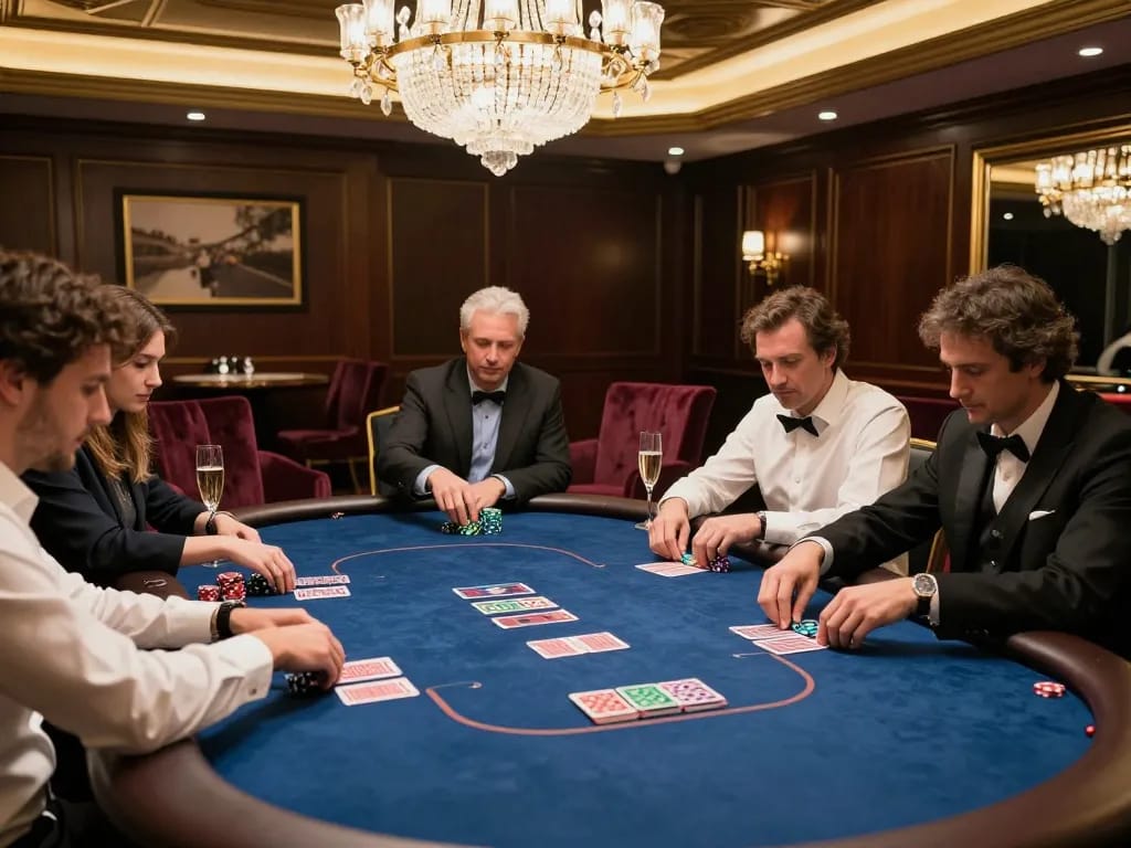 TR88 players strategizing in an upscale poker room surrounded by luxury decor