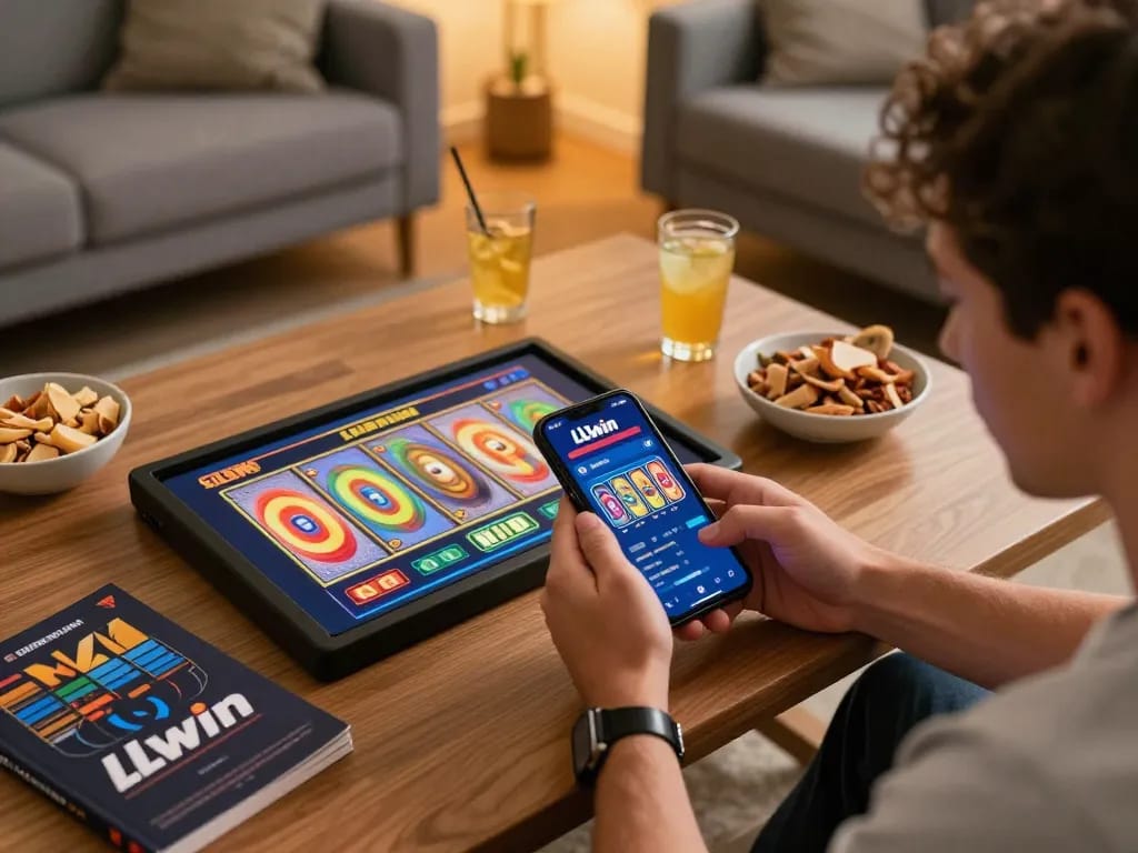 Engaged player analyzing LLwin mobile app during a lively online gambling session at home.