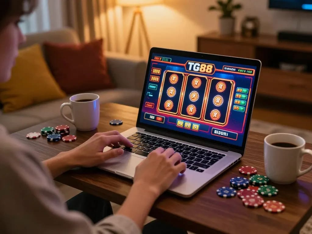 TG88 online casino player engaging in strategic gameplay from a cozy home setup.