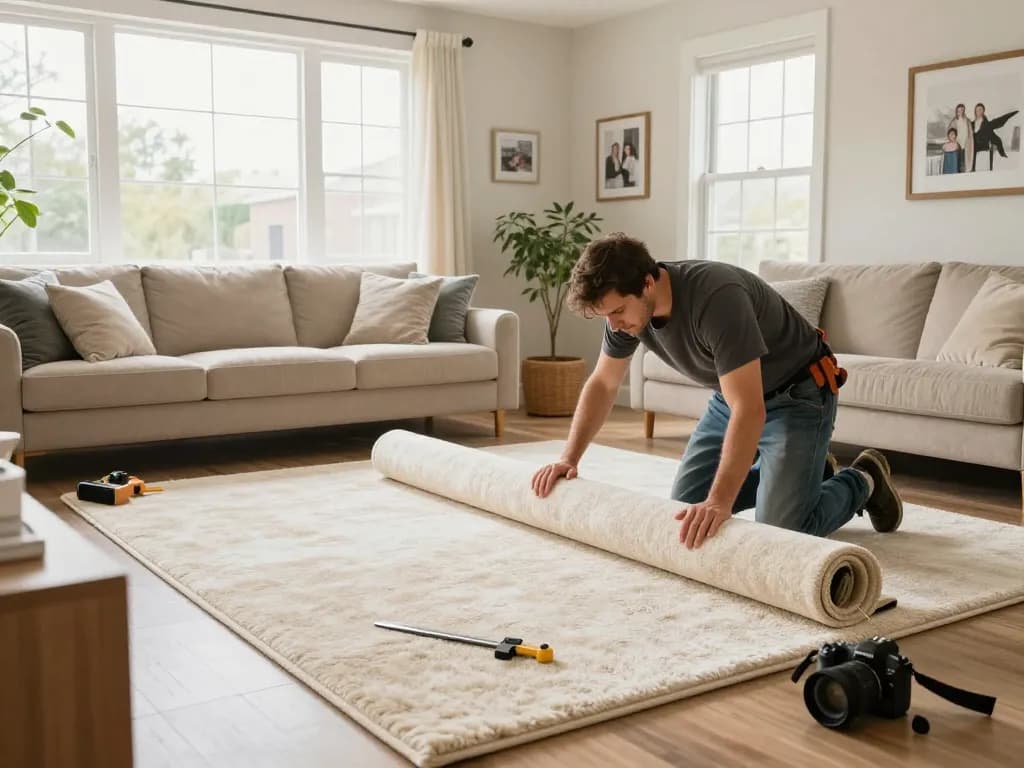 Home carpet fitting services in action with a professional installer transforming a living room.