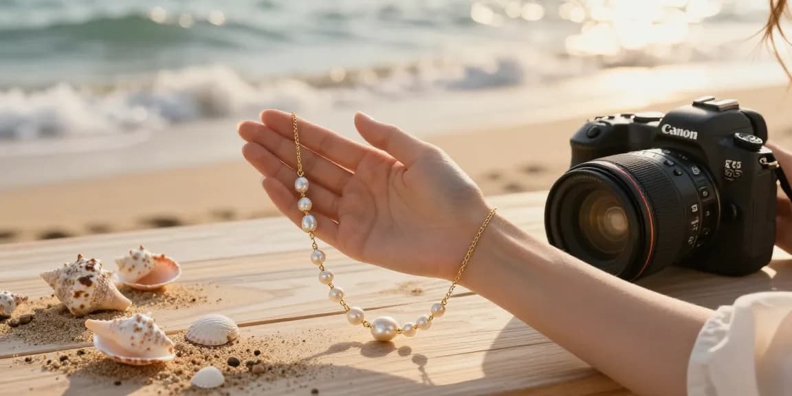 Timeless jewellery uk showcased on a woman at the beach, radiating elegance and coastal memories.