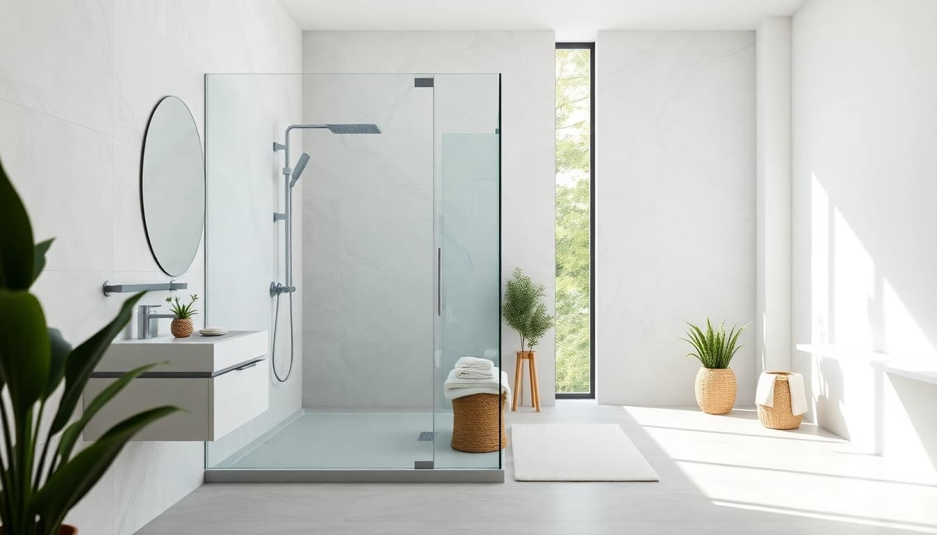 Dusche 100x100 im modernen Badezimmer mit eleganten Glaswänden und natürlichem Licht.