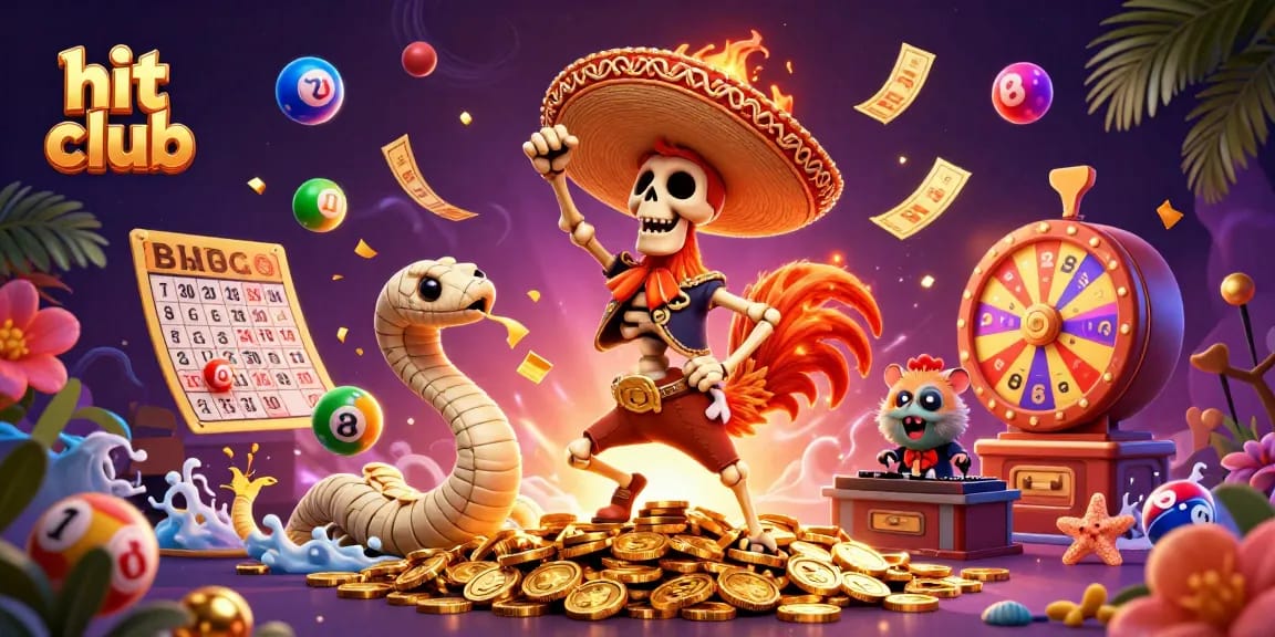 The hit club celebrates with vibrant characters dancing amidst falling lottery elements and golden confetti.