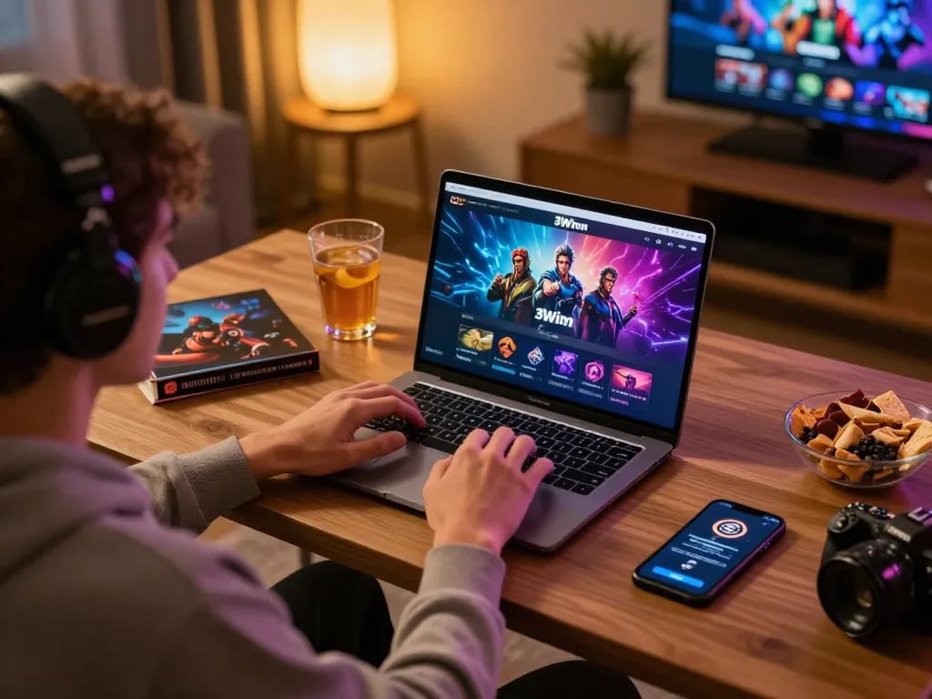 Engaging scene with player enjoying online gaming on 3Win com at home, showcasing cozy atmosphere and strategic gameplay.