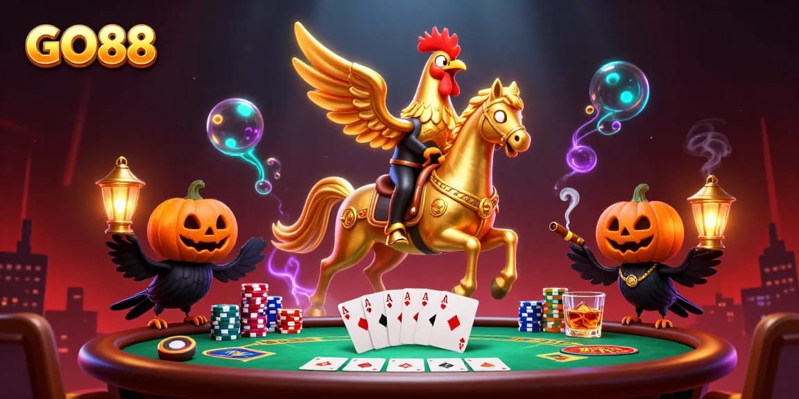 Experience the excitement of GO88 with a vibrant casino scene featuring a golden rooster and poker elements.