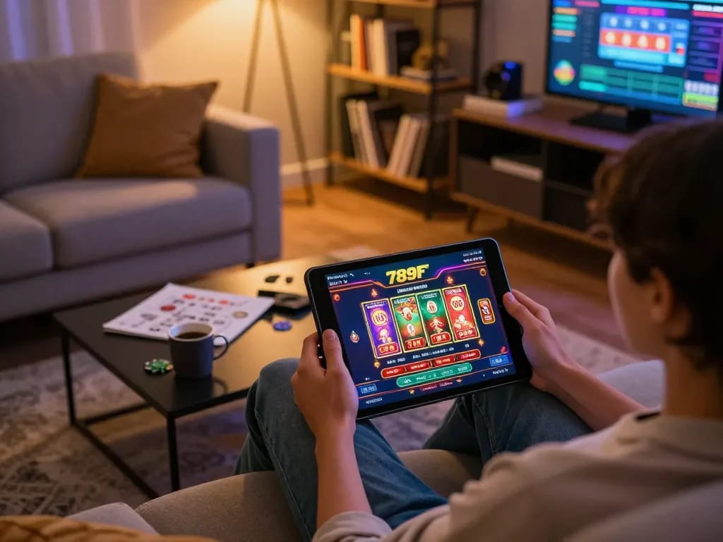 Engaged player enjoying online games on 789F tablet in a cozy home setting