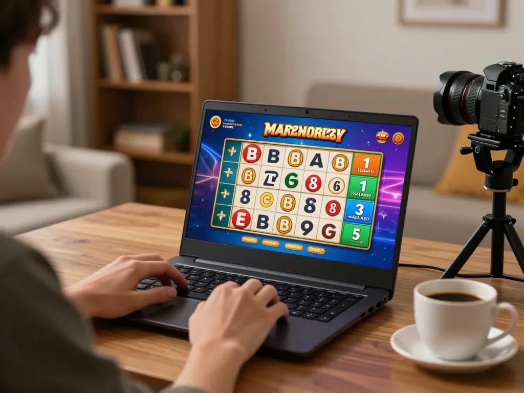 Bong88 user enjoying a bingo game online in a cozy home environment, illustrating responsible gaming practices.