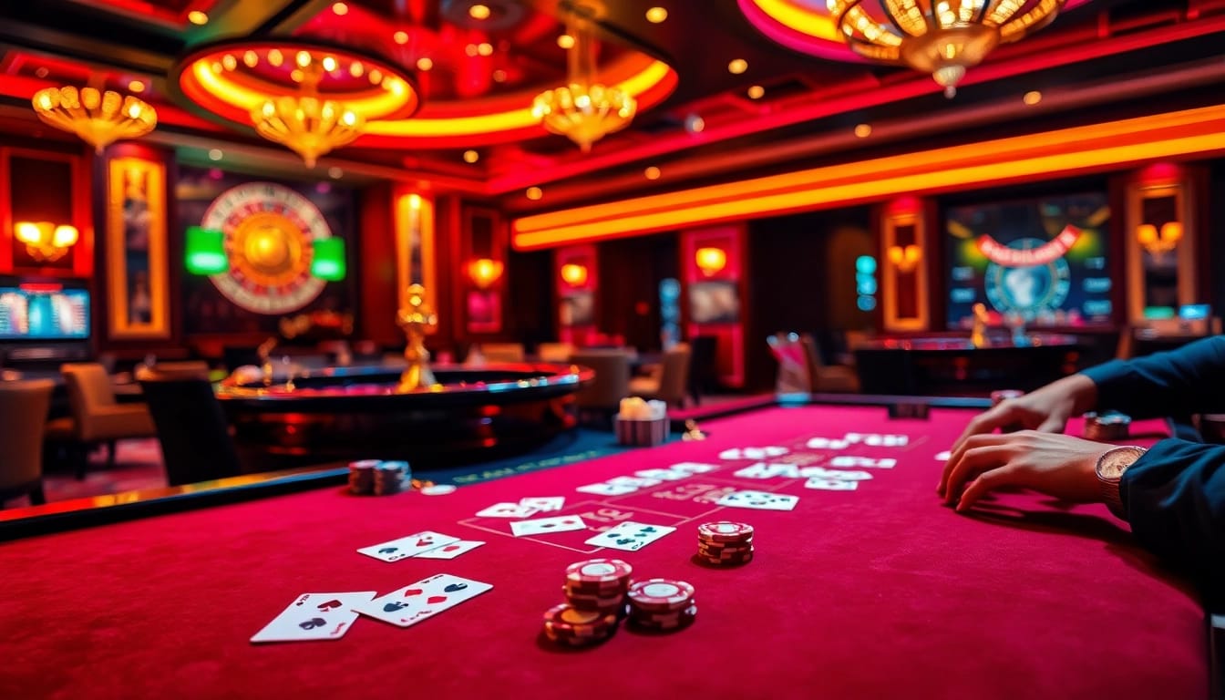 Engage with thrilling gameplay at 98win. com with luxurious casino tables filled with cards, chips, and a roulette wheel.