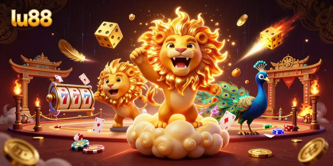 Experience thrilling gaming action with lu88 in this vibrant 3D casino illustration showcasing slot reels and roaring characters.