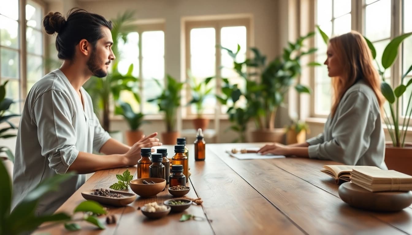 Engagement in an Ayurveda Consultation surrounded by serene herbal elements and natural light.
