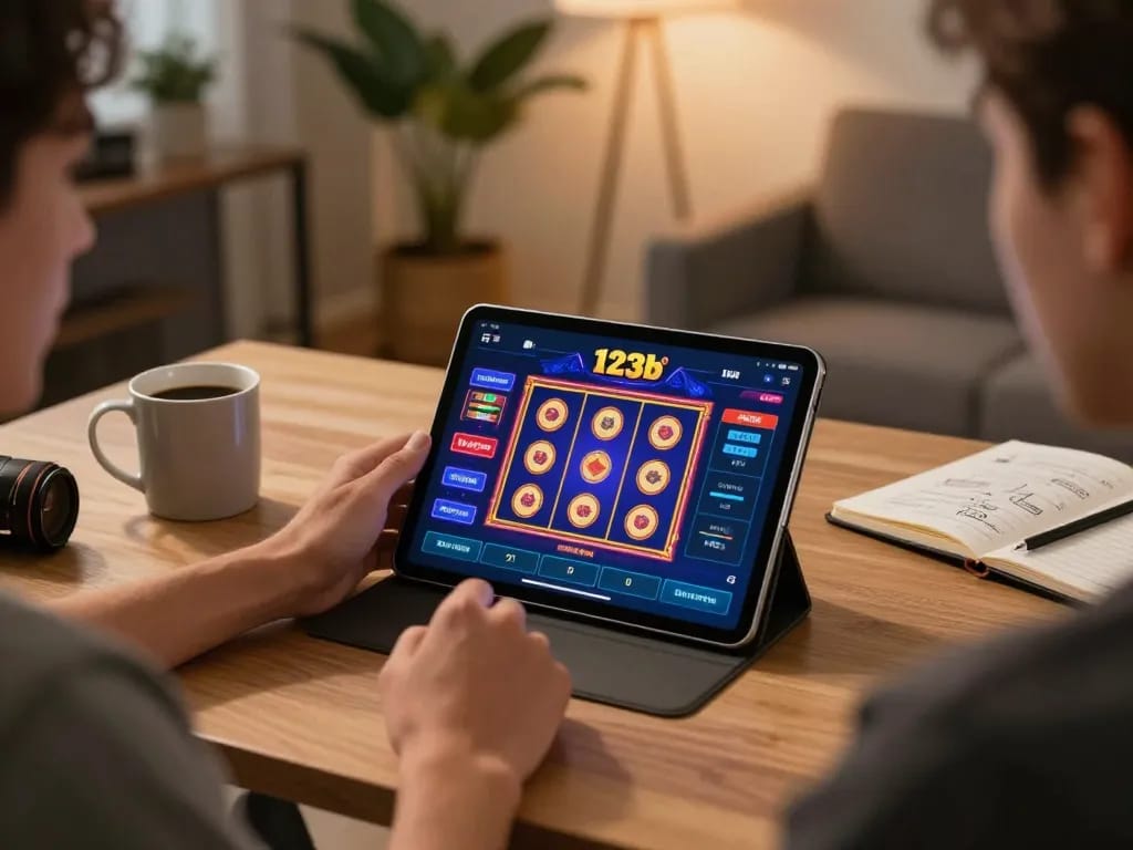 Engaging in 123b casino gaming through a tablet at home, showcasing vibrant slot games and strategic notes.