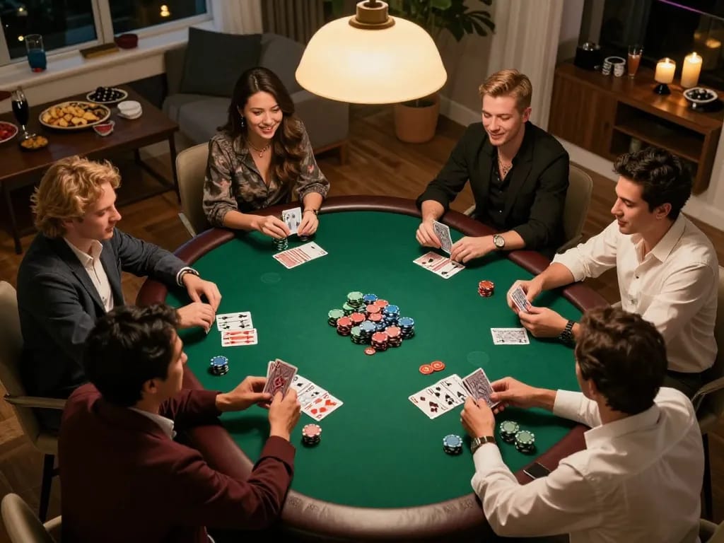 Nohu players engage in an exciting home poker game, showcasing strategic gameplay.