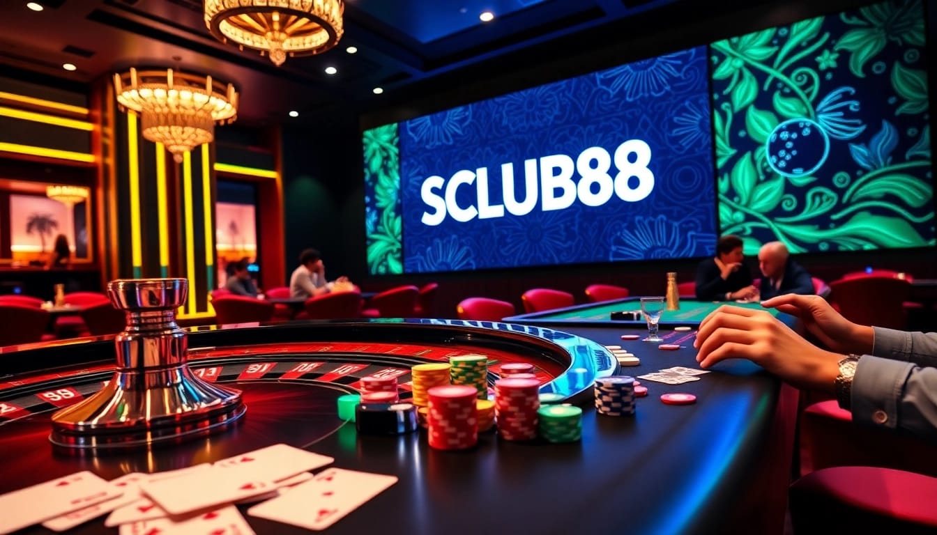 SCLUB88 casino scene with roulette table, poker chips, and exciting gameplay atmosphere.