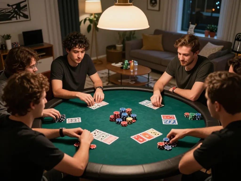 Players enjoying a poker game night at home with AE888 atmosphere creating excitement and camaraderie.