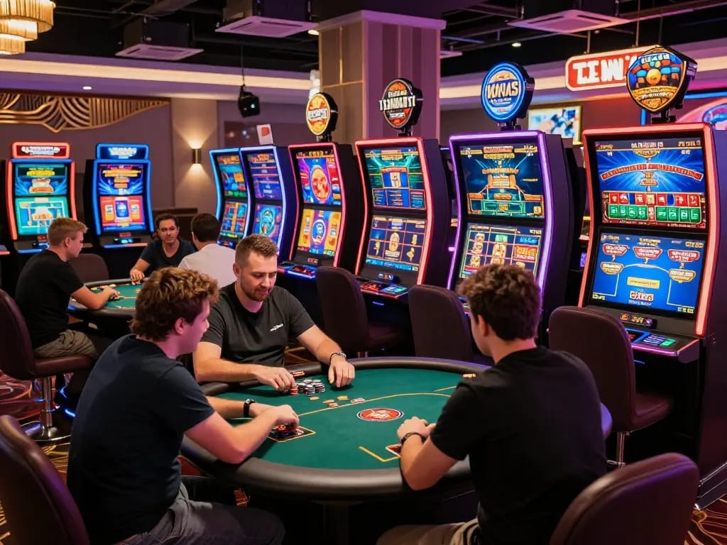 Players enjoying thrilling games at B52 online casino, vibrant atmosphere with engaging digital interfaces and dynamic lighting.